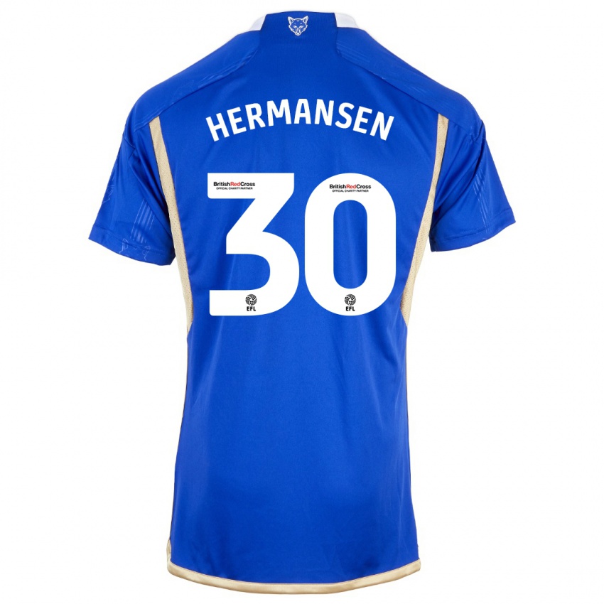 Dzieci Mads Hermansen #30 Niebieski Domowa Koszulka 2023/24 Koszulki Klubowe