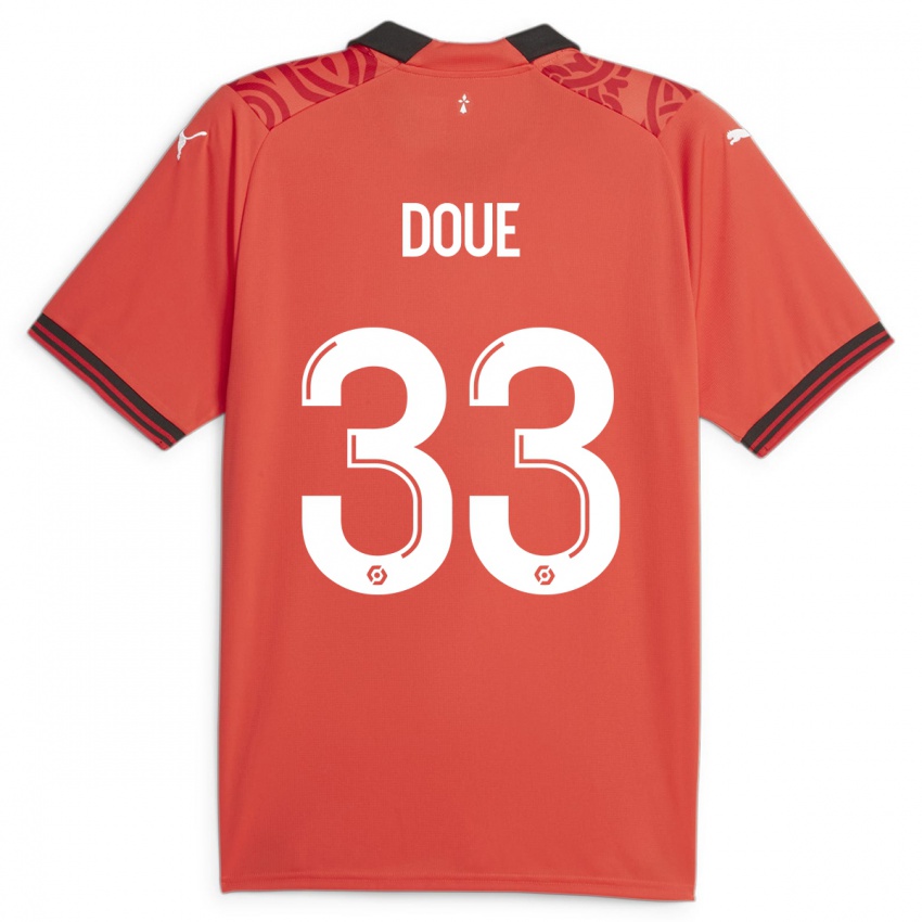 Męski Désiré Doué #33 Czerwony Domowa Koszulka 2023/24 Koszulki Klubowe