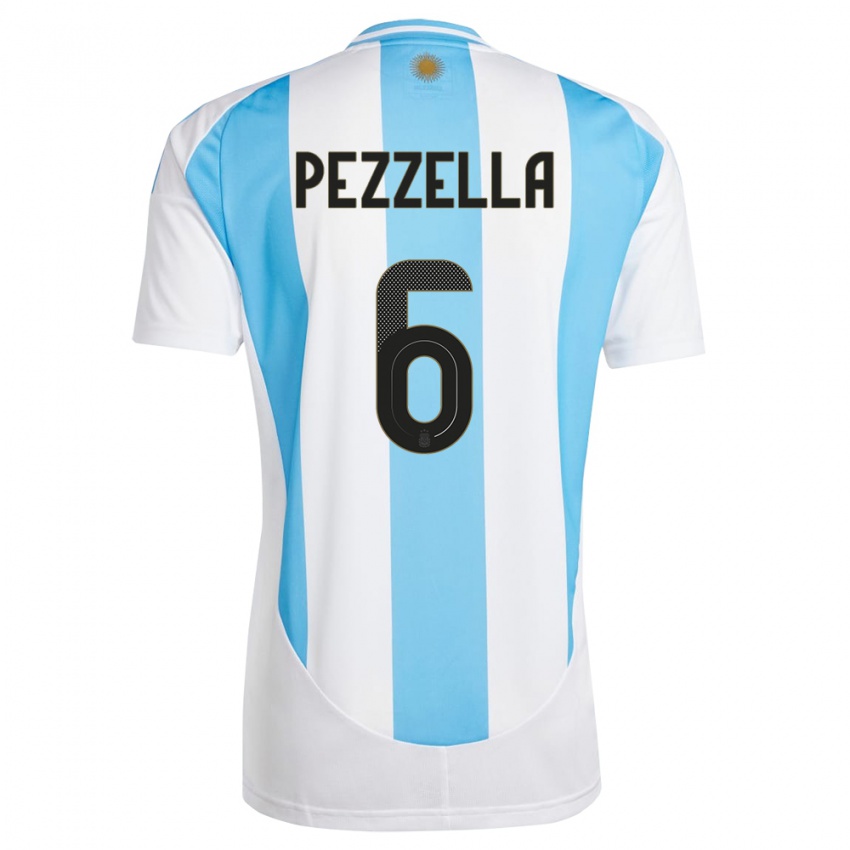 Męski Argentyna German Pezzella #6 Biało Niebieski Domowa Koszulka 24-26 Koszulki Klubowe