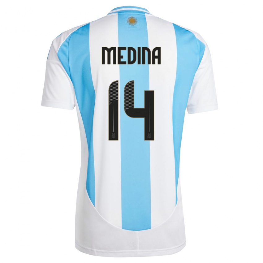 Męski Argentyna Facundo Medina #14 Biało Niebieski Domowa Koszulka 24-26 Koszulki Klubowe