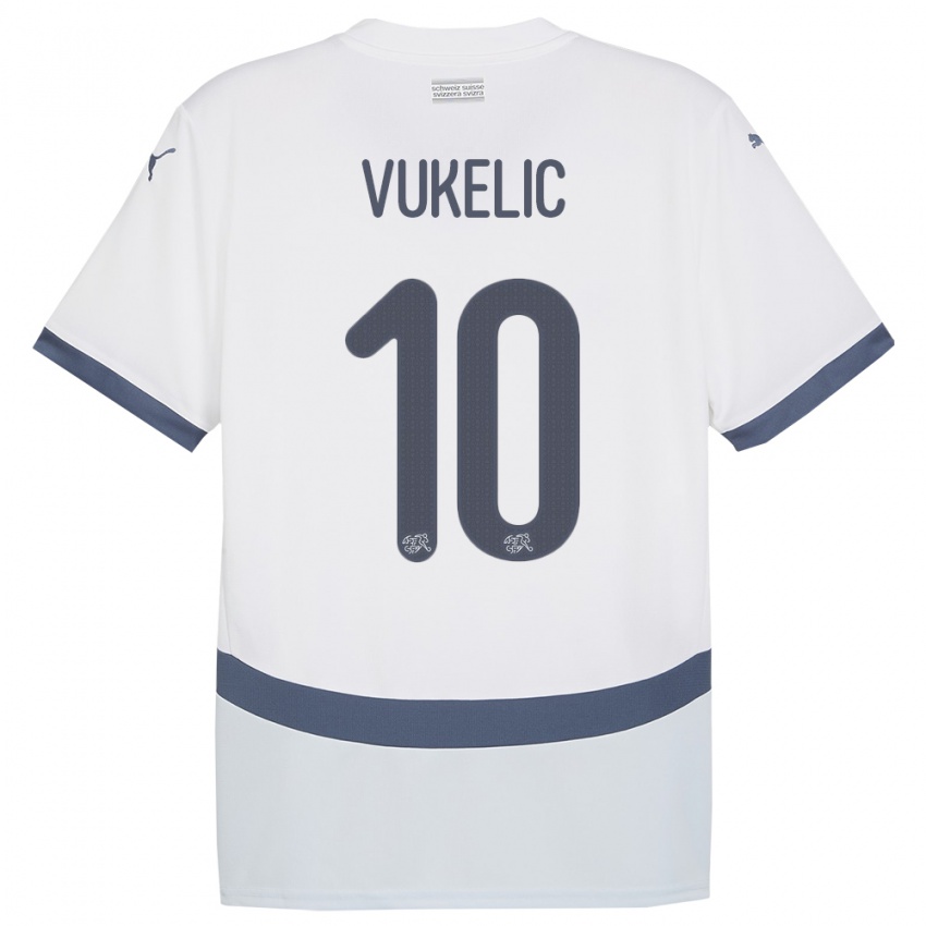 Męski Szwajcaria Mile Vukelic #10 Biały Wyjazdowa Koszulka 24-26 Koszulki Klubowe