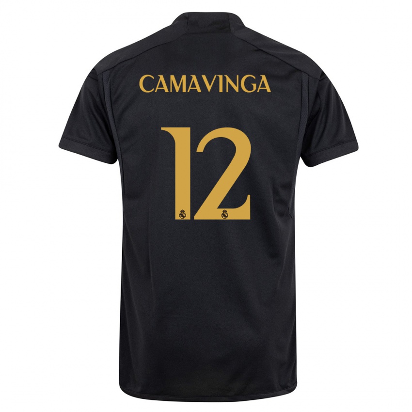 Dzieci Eduardo Camavinga #12 Czarny Trzeci Komplet Koszulka 2023/24 Koszulki Klubowe