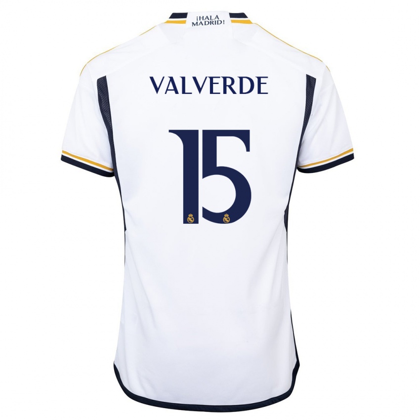 Męski Federico Valverde #15 Biały Domowa Koszulka 2023/24 Koszulki Klubowe