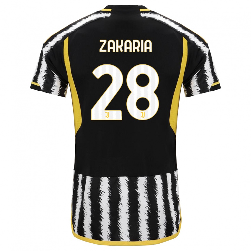 Męski Denis Zakaria #28 Czarny Biały Domowa Koszulka 2023/24 Koszulki Klubowe