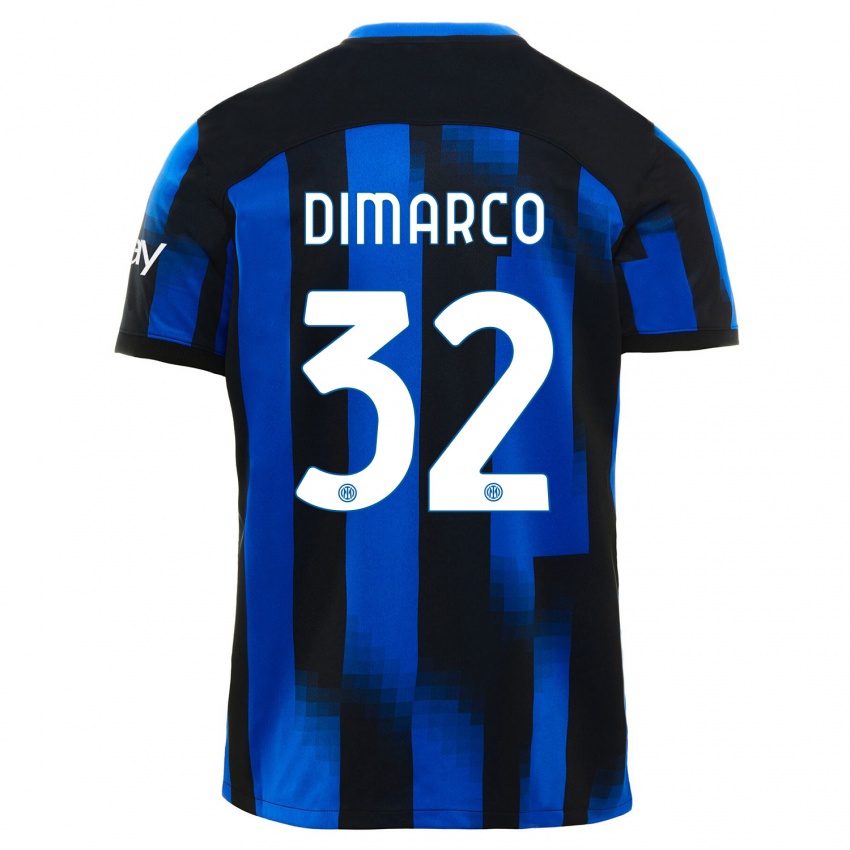 Męski Federico Dimarco #32 Czarno-Niebieski Domowa Koszulka 2023/24 Koszulki Klubowe