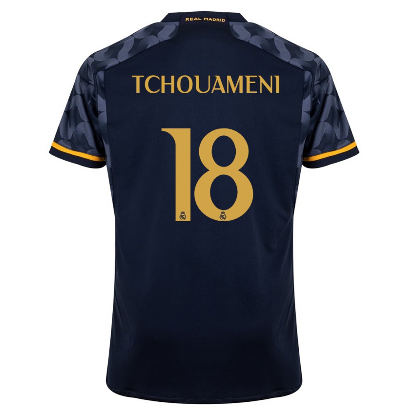 Męski Aurelien Tchouameni #18 Ciemny Niebieski Wyjazdowa Koszulka 2023/24 Koszulki Klubowe
