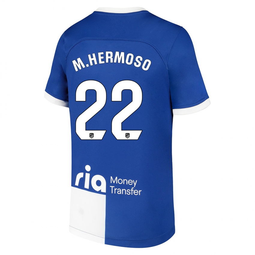 Kobiety Mario Hermoso #22 Niebiesko Biały Wyjazdowa Koszulka 2023/24 Koszulki Klubowe